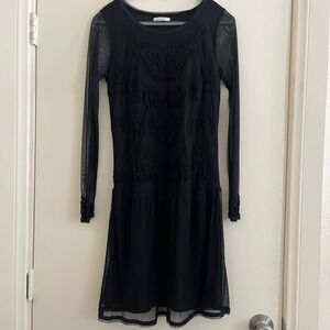 Promod Sheer Mesh Embroidered Beaded Dress XS Gothic Fairy Grunge Y2K Drop Waist